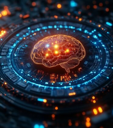 Ai,Brain,Motif,,Centered,On,A,Circular,Platform,In,Blue