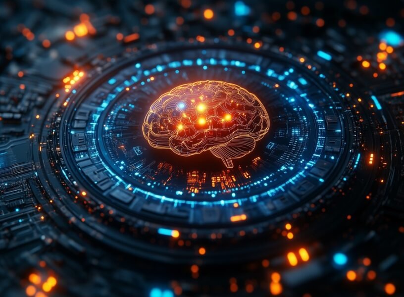 Ai,Brain,Motif,,Centered,On,A,Circular,Platform,In,Blue Ai,Brain,Motif,,Centered,On,A,Circular,Platform,In,Blue